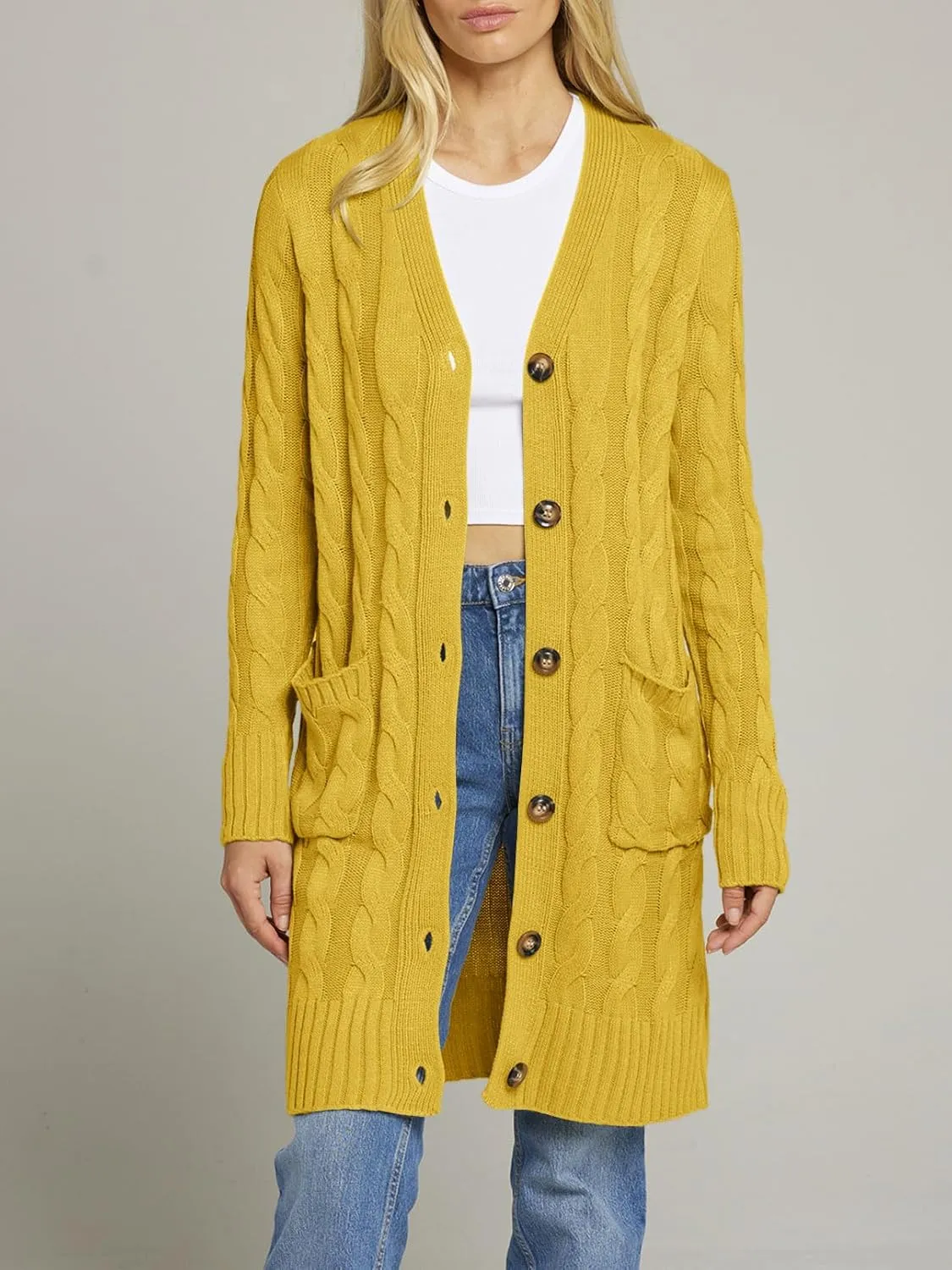 MEROKEETY Women's 2025 Long Sleeve Cable Knit Long Cardigan Open Front Button Sweater Outerwear