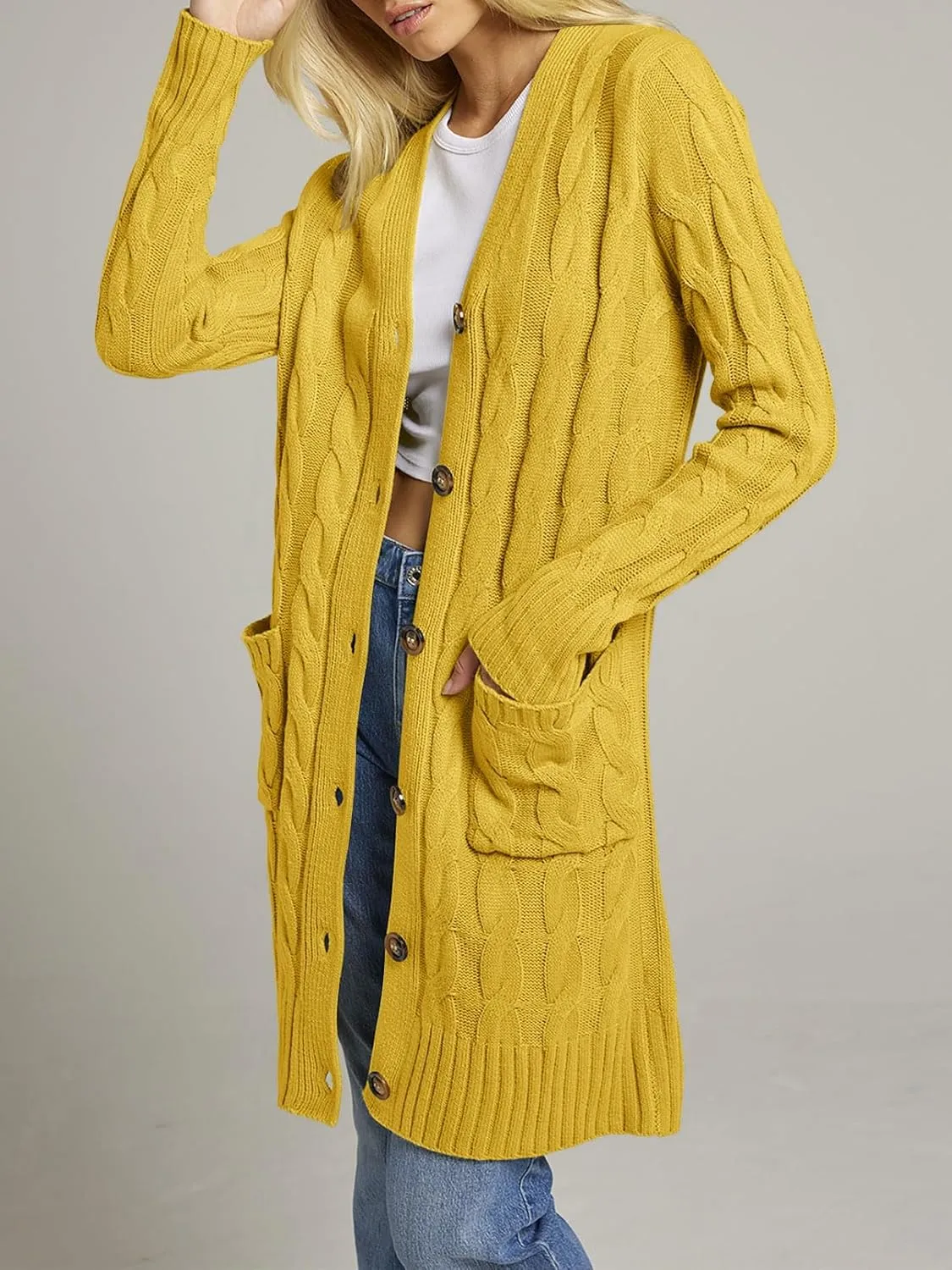 MEROKEETY Women's 2025 Long Sleeve Cable Knit Long Cardigan Open Front Button Sweater Outerwear
