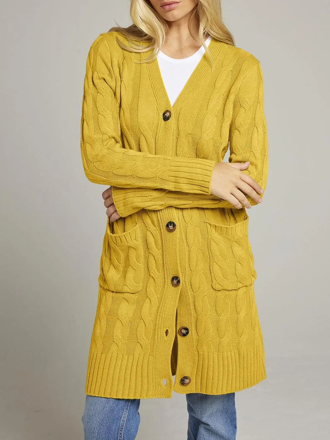 MEROKEETY Women's 2025 Long Sleeve Cable Knit Long Cardigan Open Front Button Sweater Outerwear