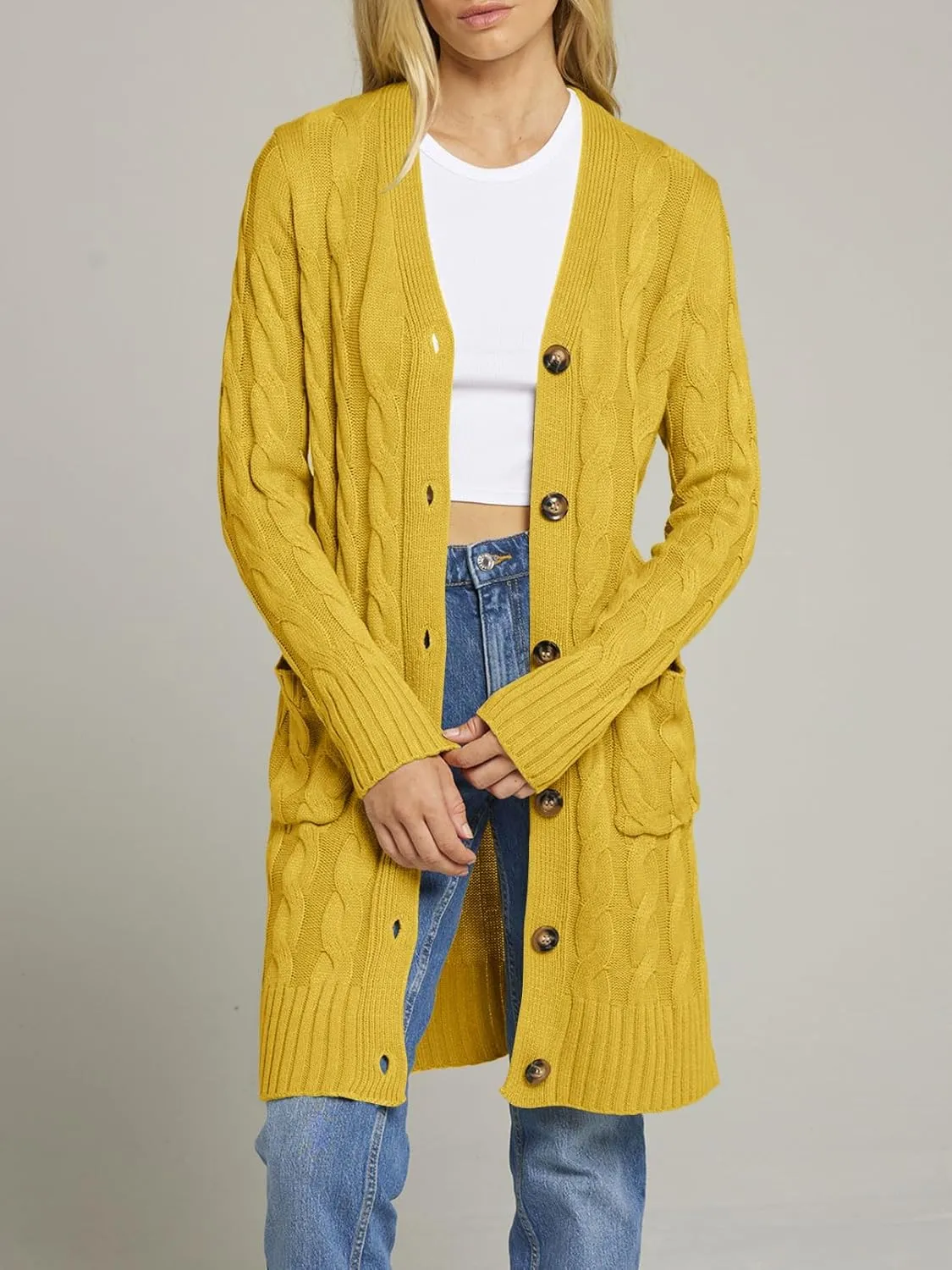 MEROKEETY Women's 2025 Long Sleeve Cable Knit Long Cardigan Open Front Button Sweater Outerwear