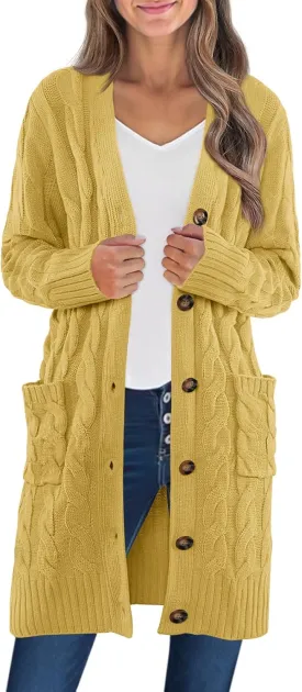 MEROKEETY Women's 2025 Long Sleeve Cable Knit Long Cardigan Open Front Button Sweater Outerwear