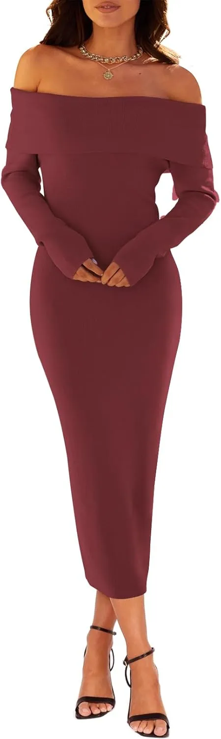 MEROKEETY Women's Fall Off Shoulder Bodycon Sweater Dress Formal Long Sleeve Elegant Cocktail Party Midi Maxi Dresses