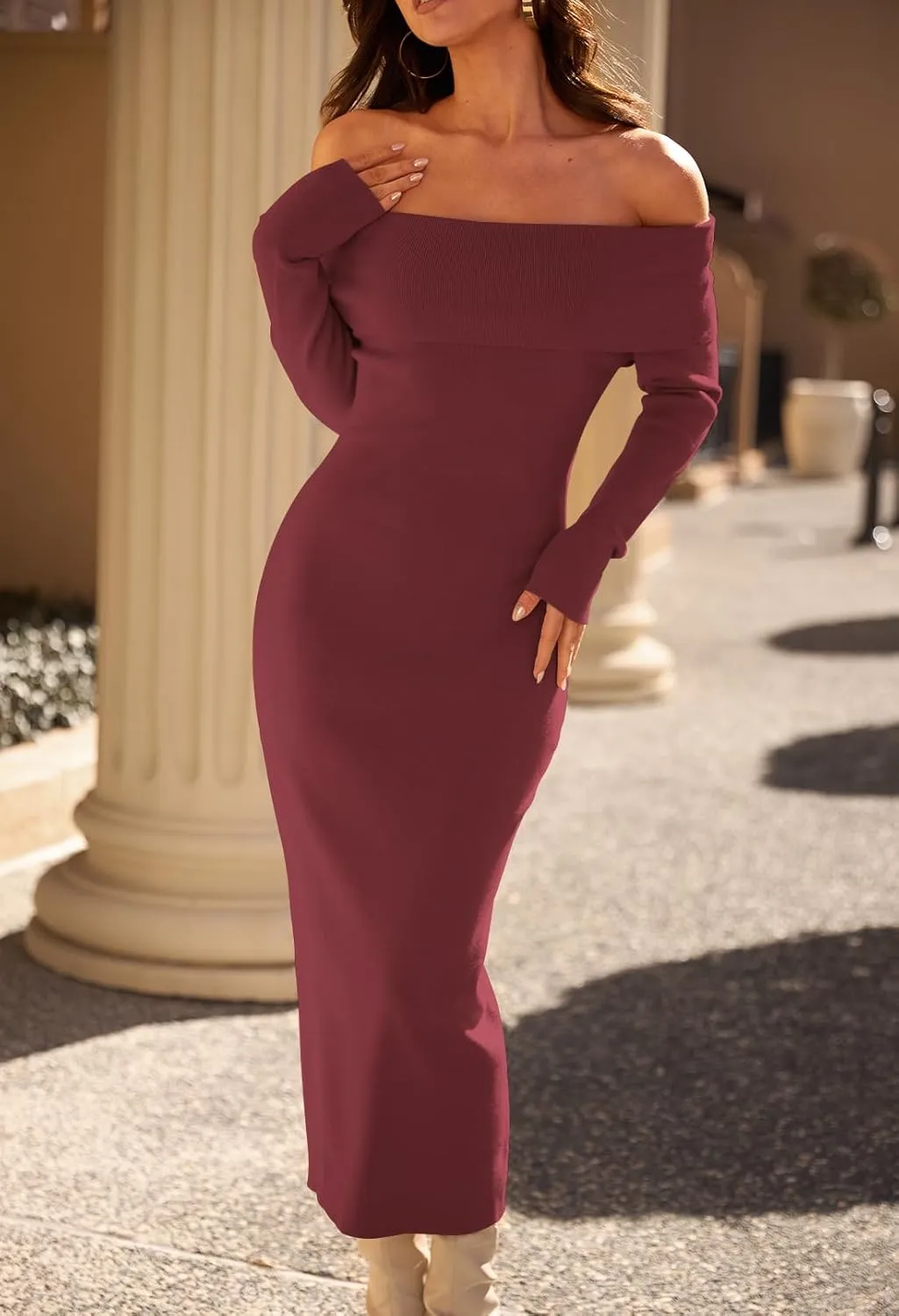 MEROKEETY Women's Fall Off Shoulder Bodycon Sweater Dress Formal Long Sleeve Elegant Cocktail Party Midi Maxi Dresses