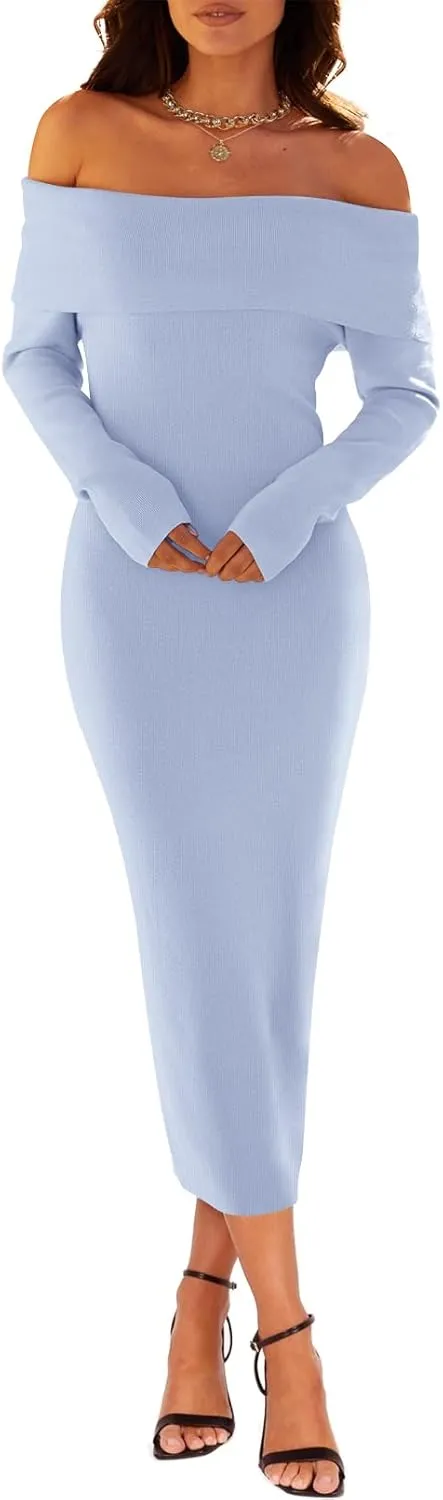 MEROKEETY Women's Fall Off Shoulder Bodycon Sweater Dress Formal Long Sleeve Elegant Cocktail Party Midi Maxi Dresses
