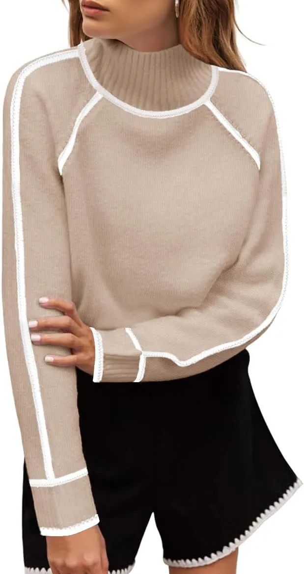 MEROKEETY Women's Mock Neck Pullover Sweater Long Sleeve Color Block Chunky Knit 2024 Trendy Winter Clothes