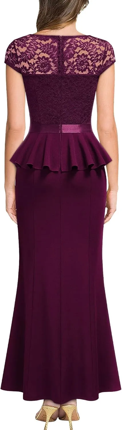 MISSMAY Women's Elegant Floral Lace Ruffle Split Cocktail Party Long Dress