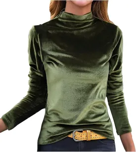Mock Neck Velvet Tops for Women Slim Fit Long Sleeve Shirts Dressy Casual Plain Velour T-Shirt Blouses