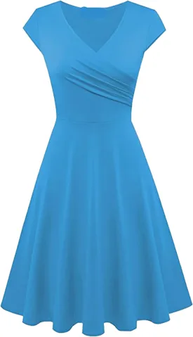 OMZIN Women's Elegant V-Neck Dress Short Sleeve Solid Color Runway Evening Dress