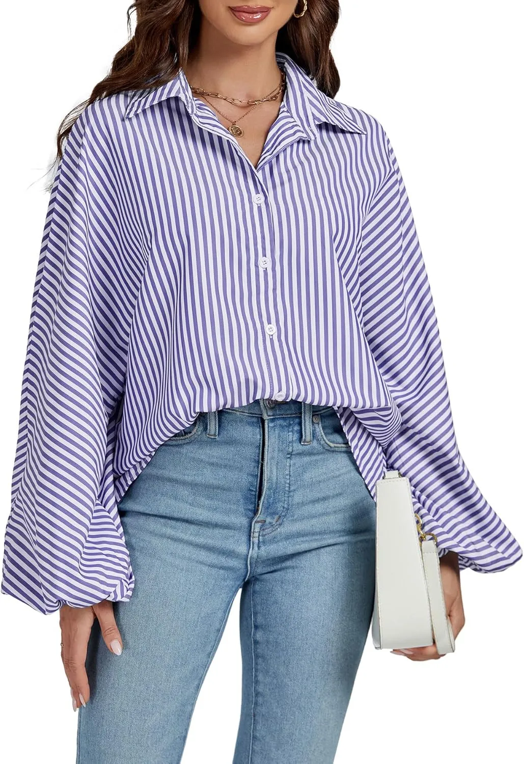 OPOIPIN Women's Striped Print Bishop Long Sleeve Collar V Neck Button Down Blouse Shirt Top