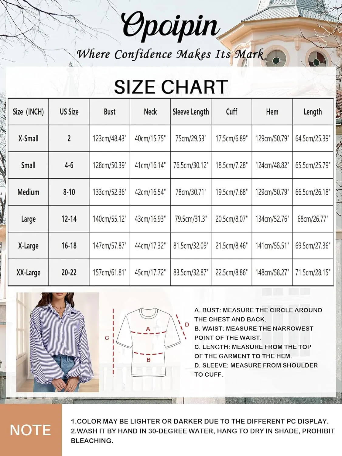 OPOIPIN Women's Striped Print Bishop Long Sleeve Collar V Neck Button Down Blouse Shirt Top