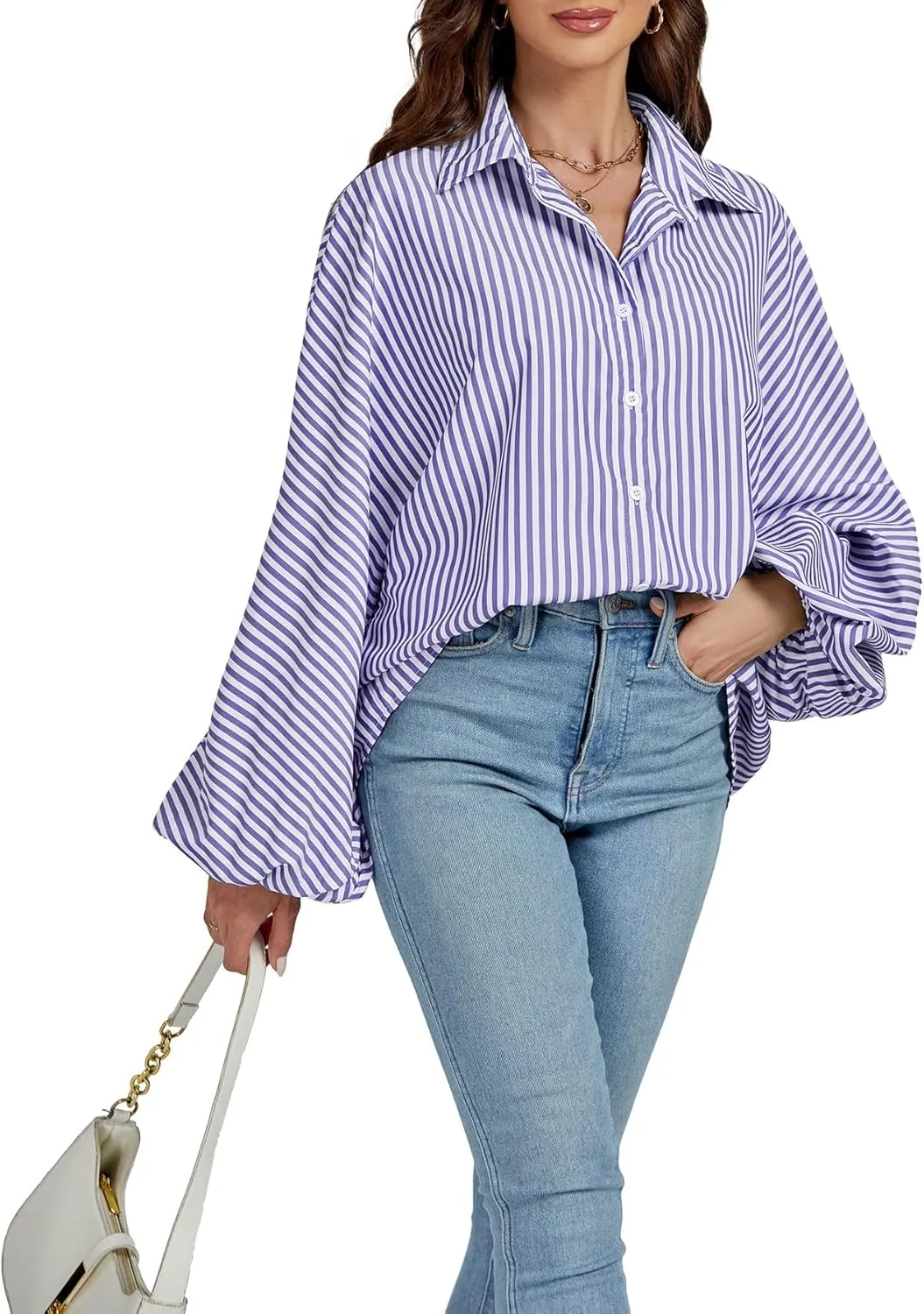 OPOIPIN Women's Striped Print Bishop Long Sleeve Collar V Neck Button Down Blouse Shirt Top