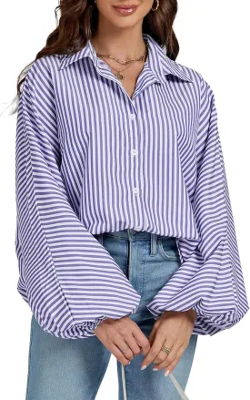 OPOIPIN Women's Striped Print Bishop Long Sleeve Collar V Neck Button Down Blouse Shirt Top