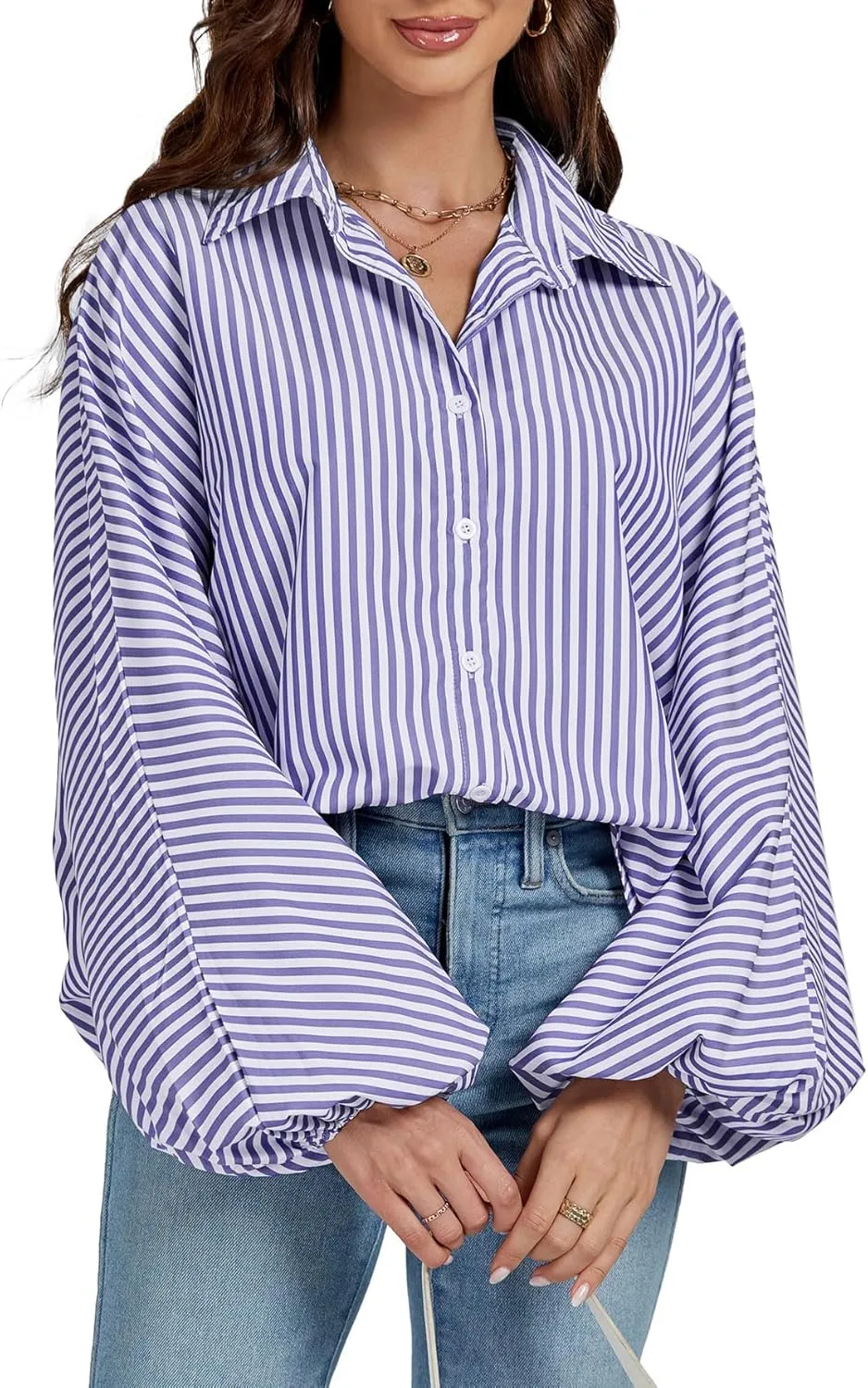 OPOIPIN Women's Striped Print Bishop Long Sleeve Collar V Neck Button Down Blouse Shirt Top