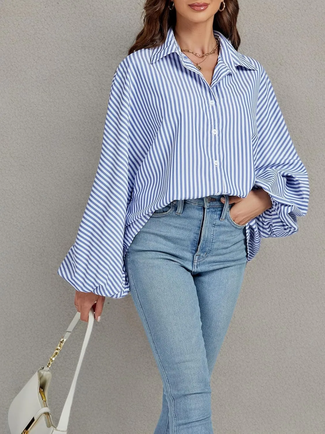 OPOIPIN Women's Striped Print Bishop Long Sleeve Collar V Neck Button Down Blouse Shirt Top