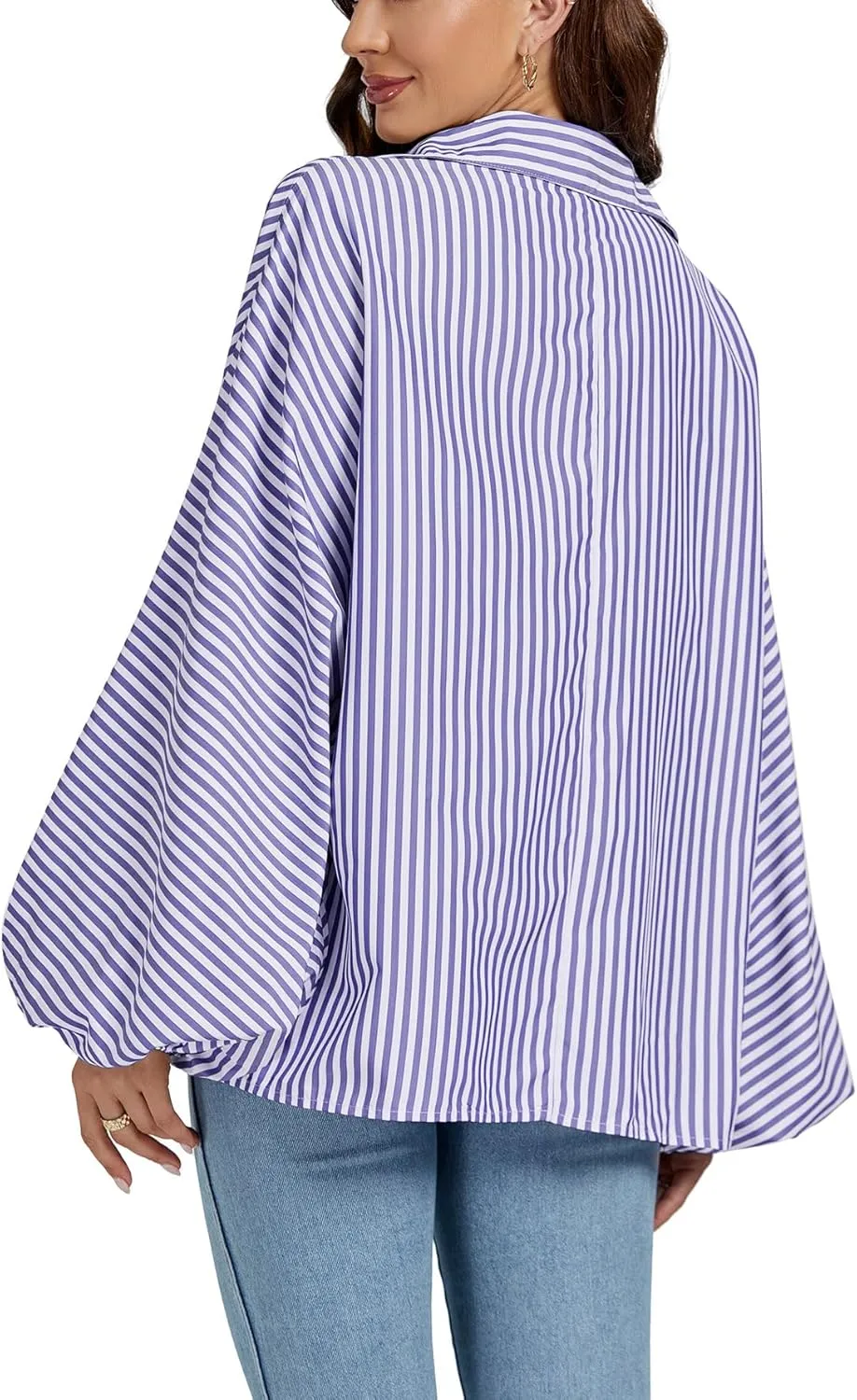 OPOIPIN Women's Striped Print Bishop Long Sleeve Collar V Neck Button Down Blouse Shirt Top