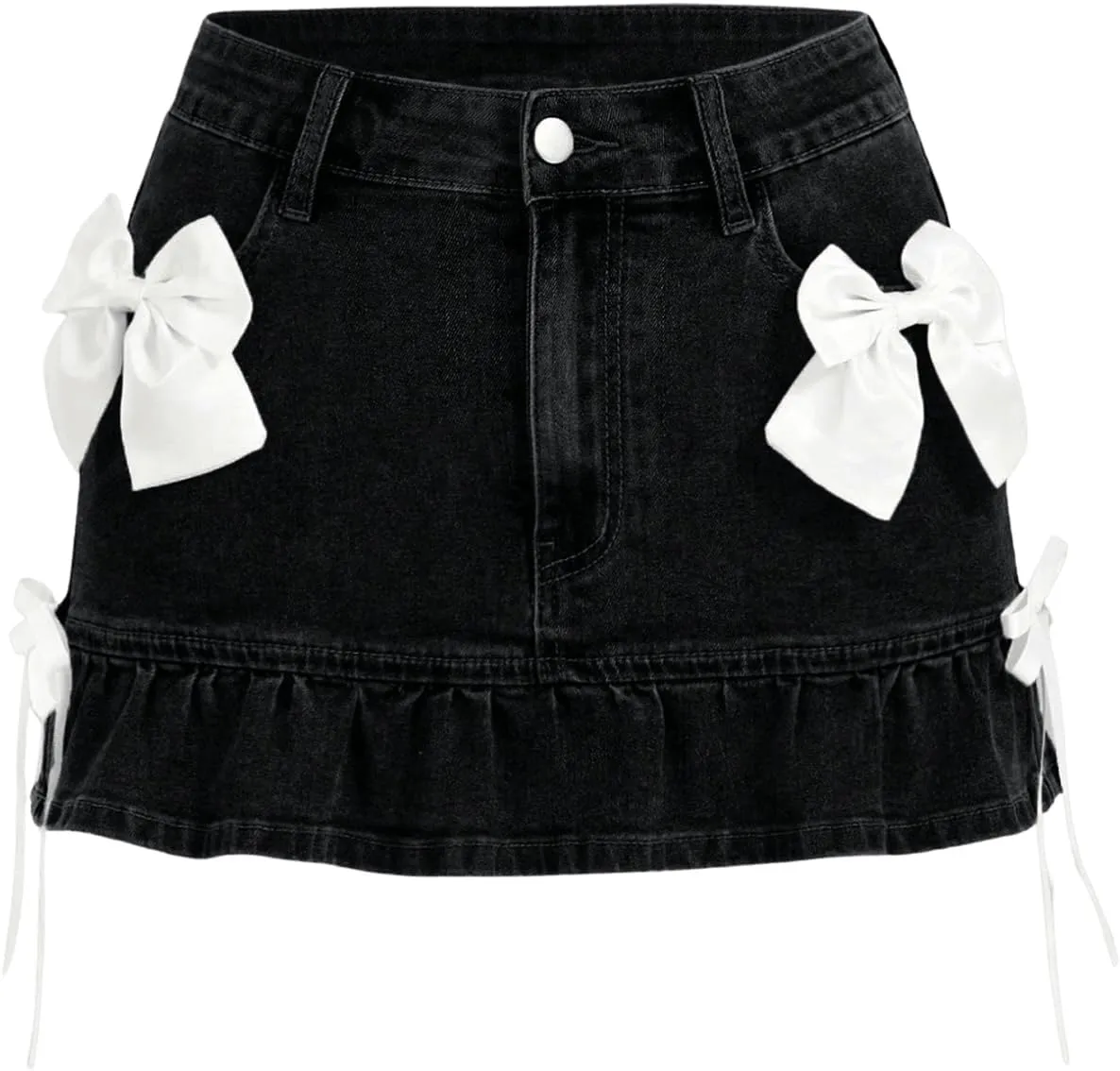 OYOANGLE Women's Bowknot Mini Denim Skirt Y2K Mid Waist Ruffle Hem Jean Skirts with Pocket