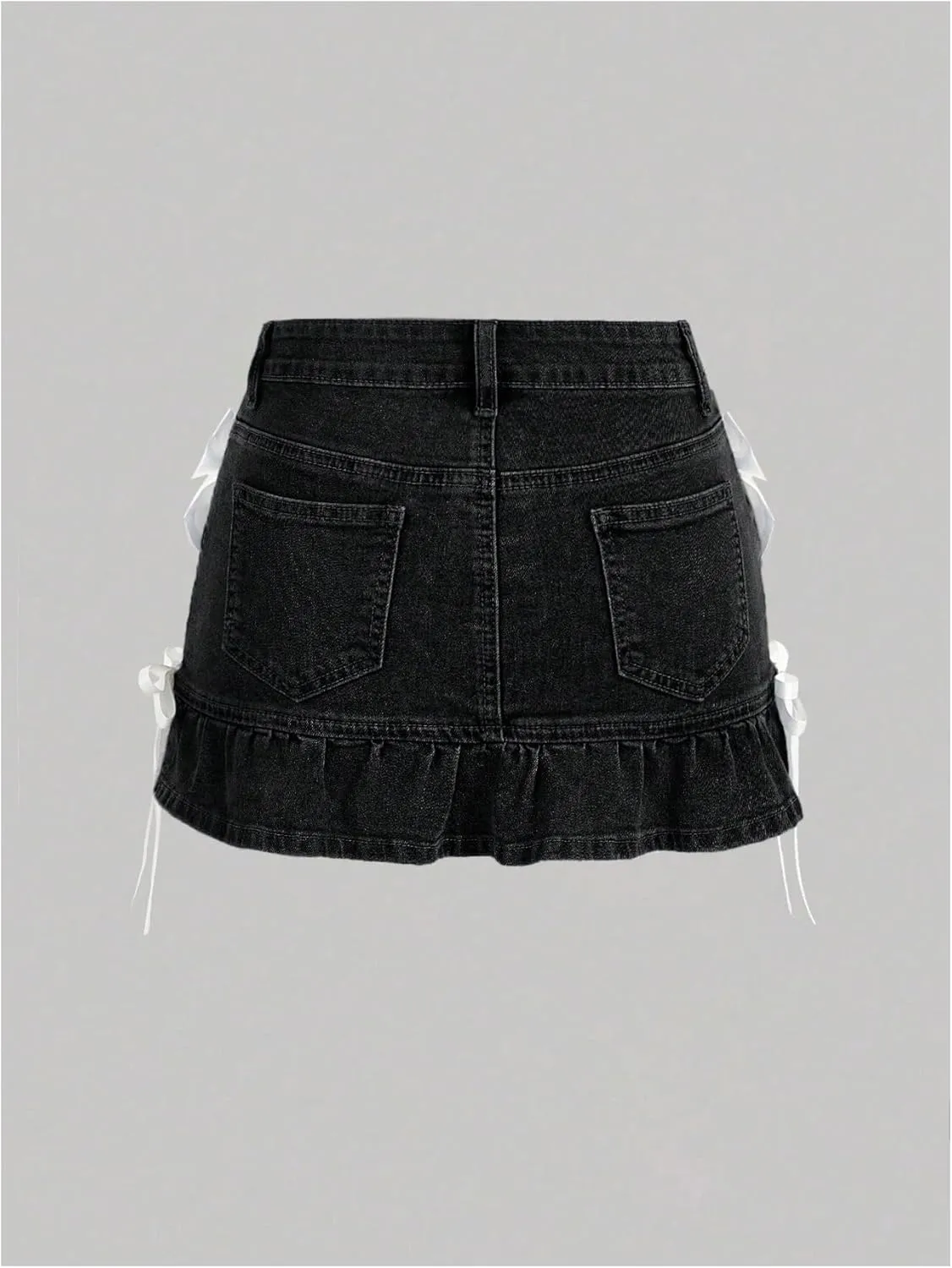 OYOANGLE Women's Bowknot Mini Denim Skirt Y2K Mid Waist Ruffle Hem Jean Skirts with Pocket
