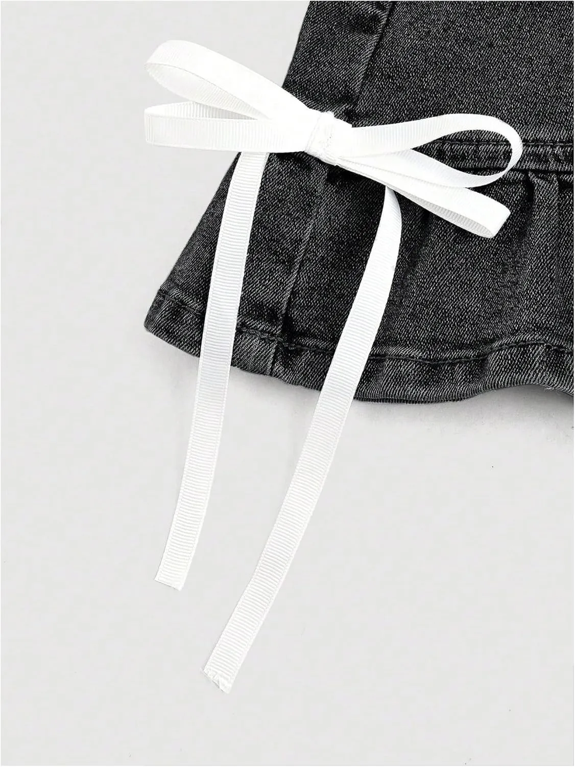 OYOANGLE Women's Bowknot Mini Denim Skirt Y2K Mid Waist Ruffle Hem Jean Skirts with Pocket