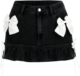 OYOANGLE Women's Bowknot Mini Denim Skirt Y2K Mid Waist Ruffle Hem Jean Skirts with Pocket