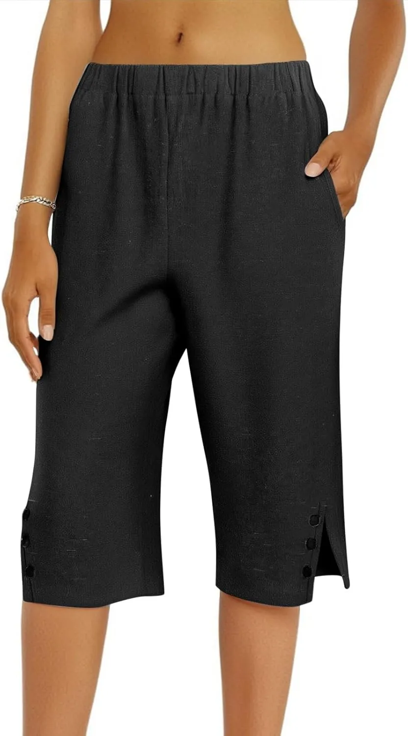 Pedal Pushers for Women Straight Leg Linen Capri Pants Relaxed Fit Cover Up Elastic Waist Bermuda Shorts with Pockets
