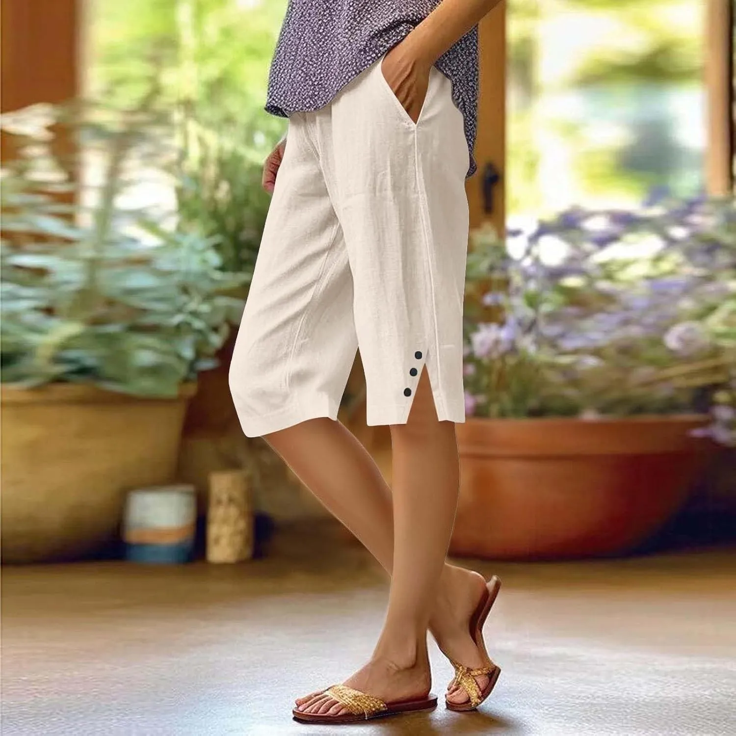 Pedal Pushers for Women Straight Leg Linen Capri Pants Relaxed Fit Cover Up Elastic Waist Bermuda Shorts with Pockets