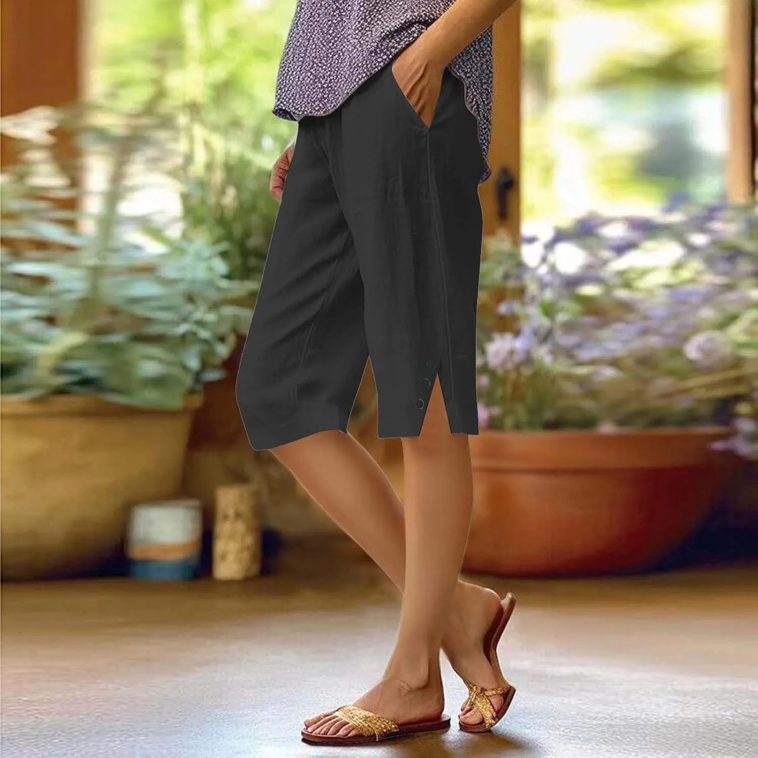 Pedal Pushers for Women Straight Leg Linen Capri Pants Relaxed Fit Cover Up Elastic Waist Bermuda Shorts with Pockets
