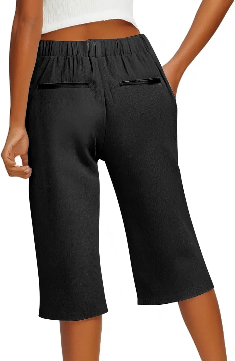 Pedal Pushers for Women Straight Leg Linen Capri Pants Relaxed Fit Cover Up Elastic Waist Bermuda Shorts with Pockets