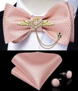 Pink Plaid Self-Bowtie Pocket Square Cufflinks With Wing Lapel Pin