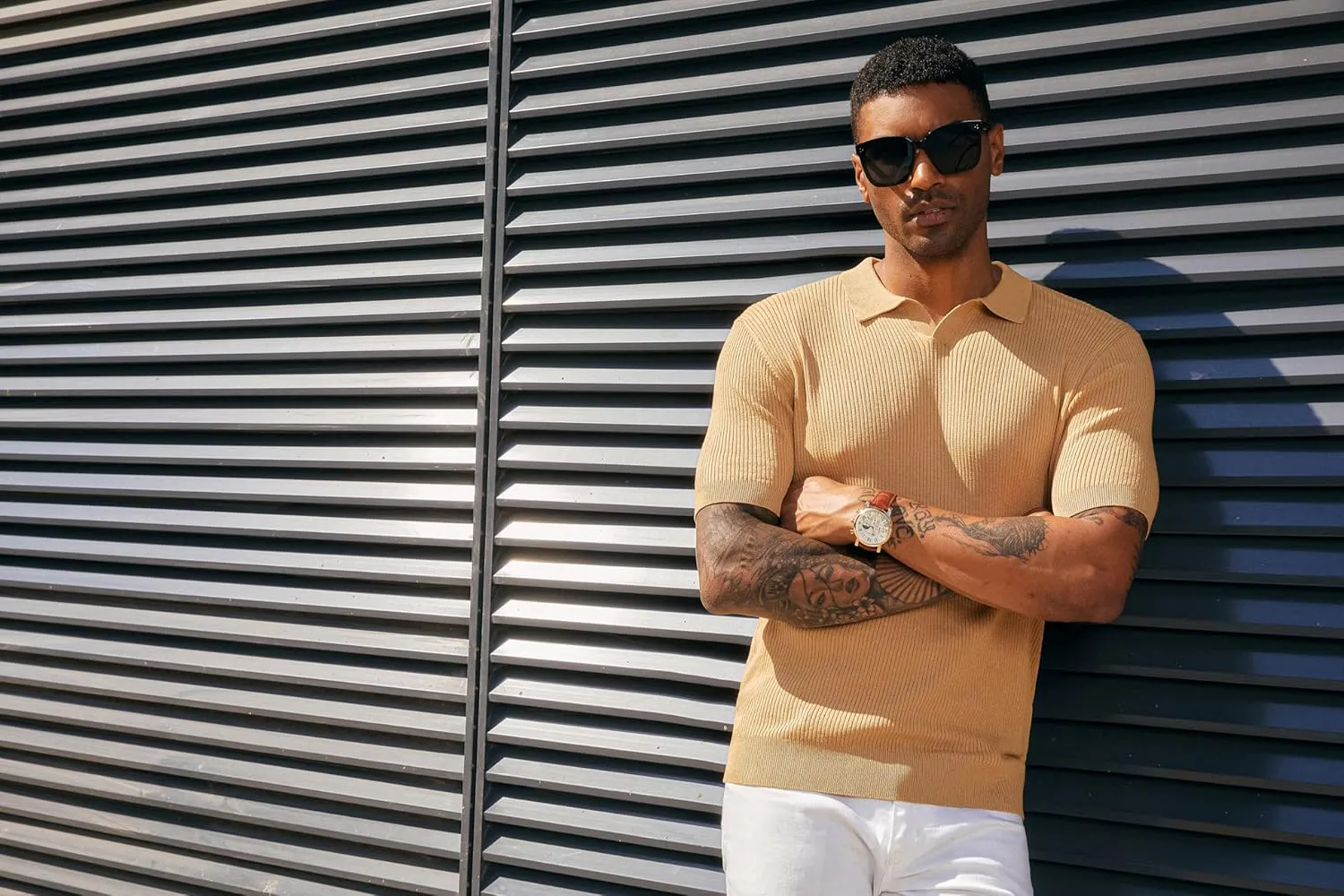 PJ PAUL JONES Mens Polo Shirts Short Sleeve Casual V Neck Ribbed Textured Knit Polo Shirt