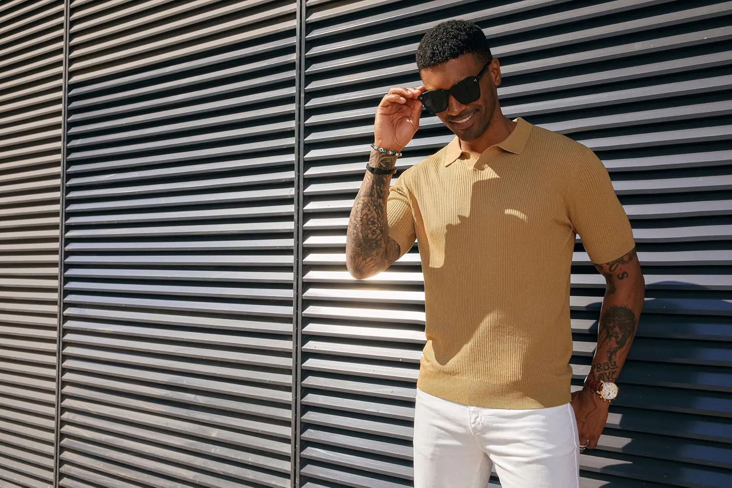 PJ PAUL JONES Mens Polo Shirts Short Sleeve Casual V Neck Ribbed Textured Knit Polo Shirt