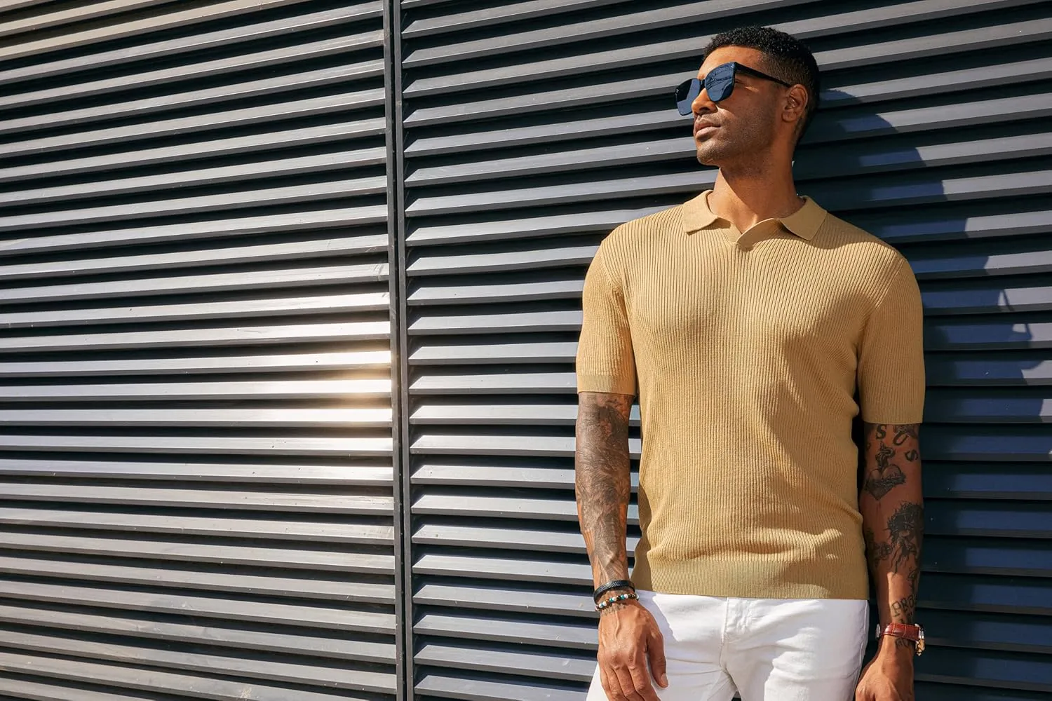 PJ PAUL JONES Mens Polo Shirts Short Sleeve Casual V Neck Ribbed Textured Knit Polo Shirt