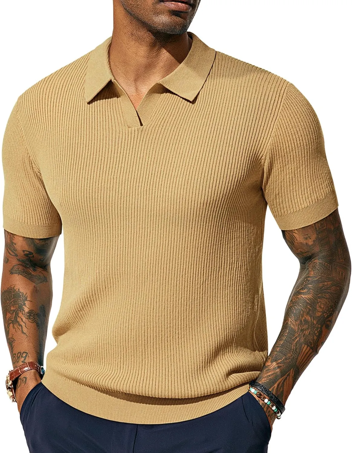 PJ PAUL JONES Mens Polo Shirts Short Sleeve Casual V Neck Ribbed Textured Knit Polo Shirt