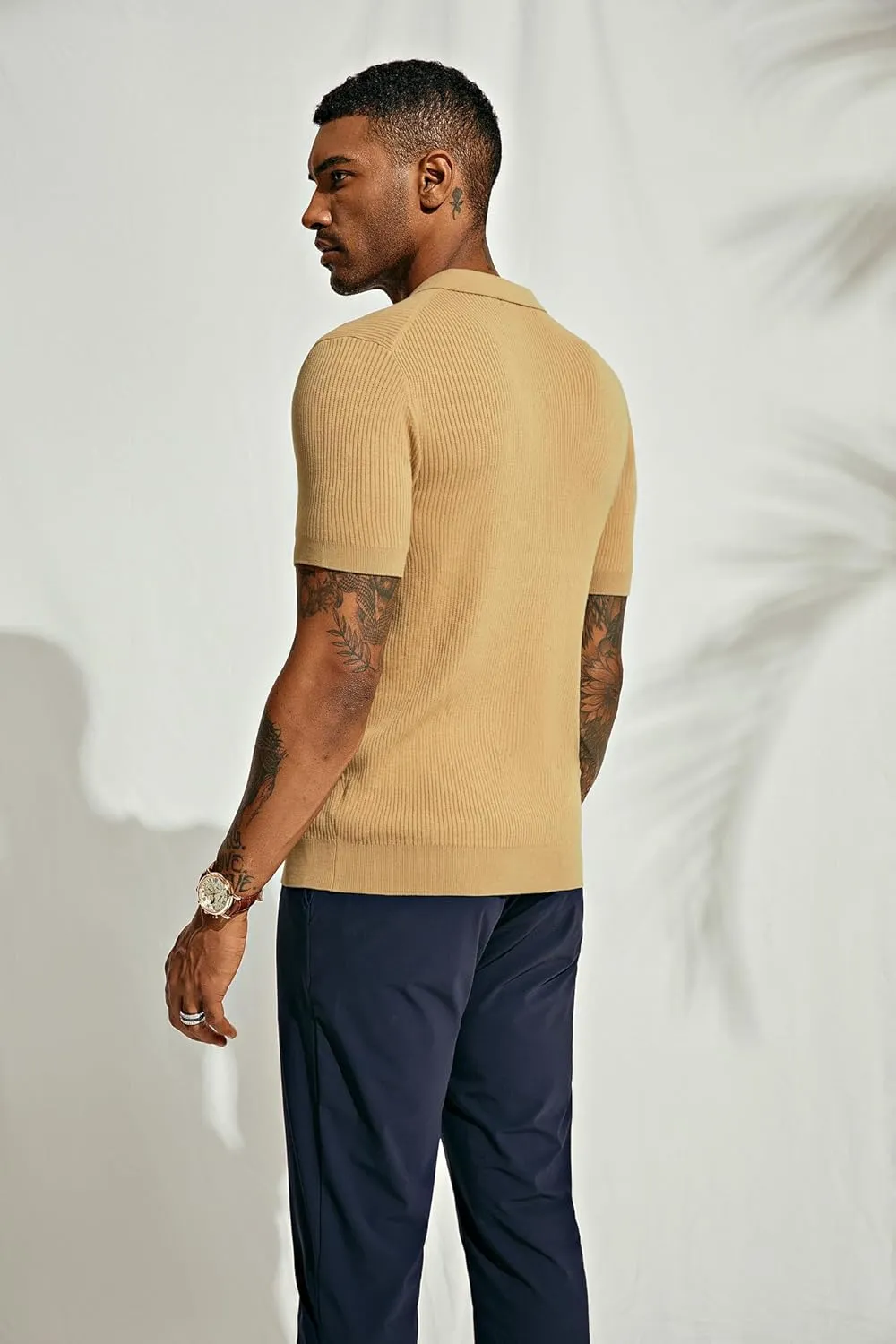 PJ PAUL JONES Mens Polo Shirts Short Sleeve Casual V Neck Ribbed Textured Knit Polo Shirt