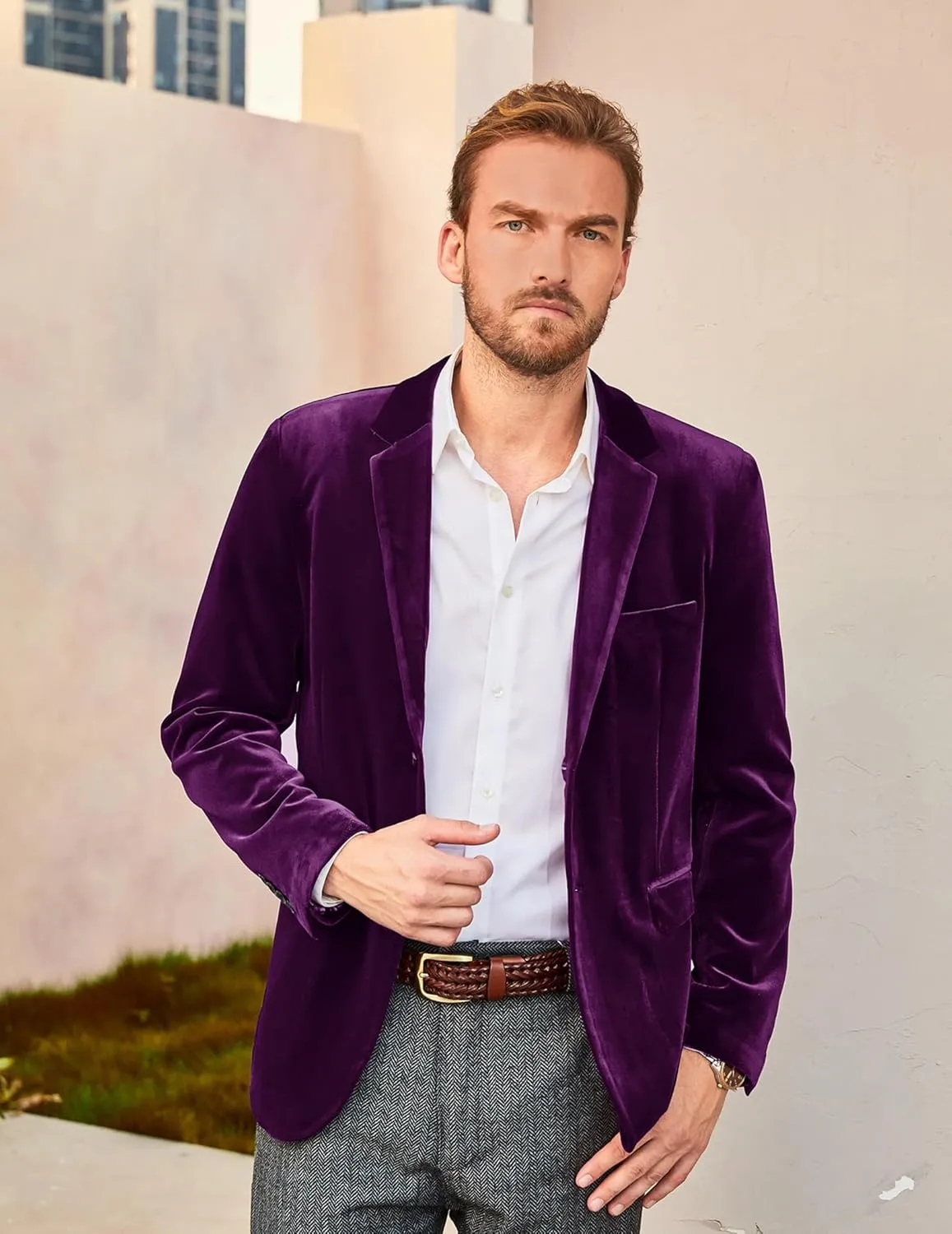 PJ PAUL JONES Mens Velvet Blazer Two Button Sport Coat Solid Slim Fit Suit Jacket for Dinner Prom Wedding