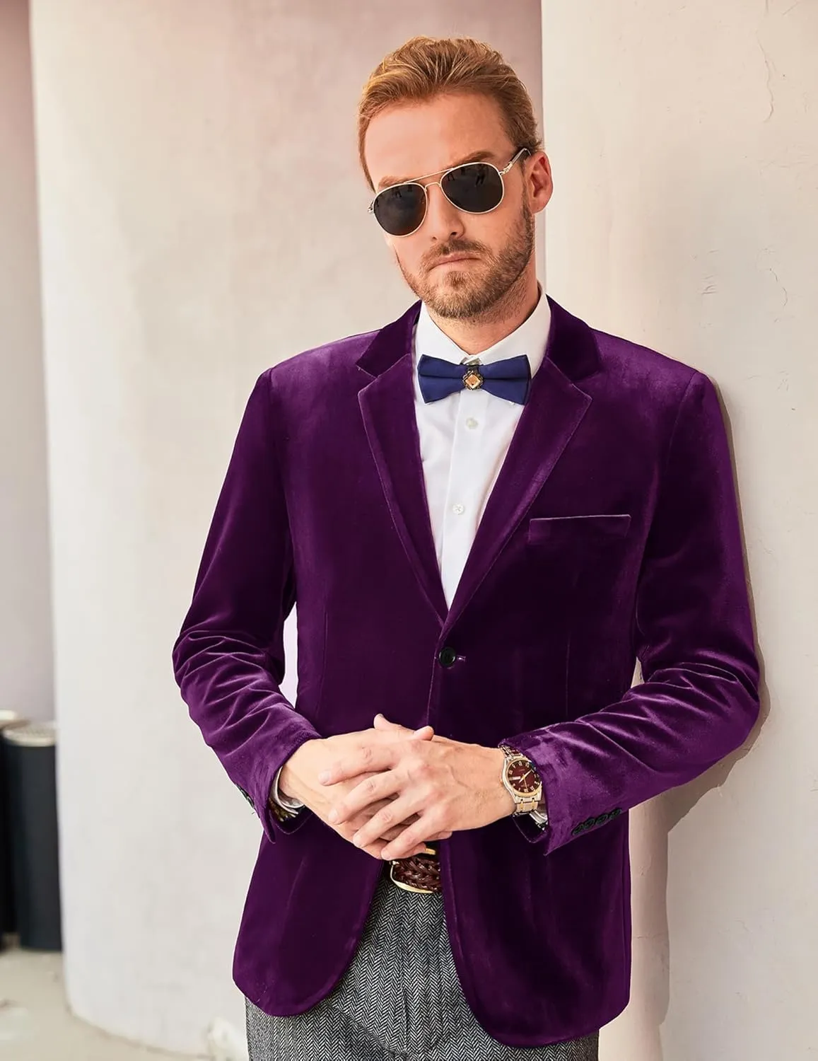 PJ PAUL JONES Mens Velvet Blazer Two Button Sport Coat Solid Slim Fit Suit Jacket for Dinner Prom Wedding