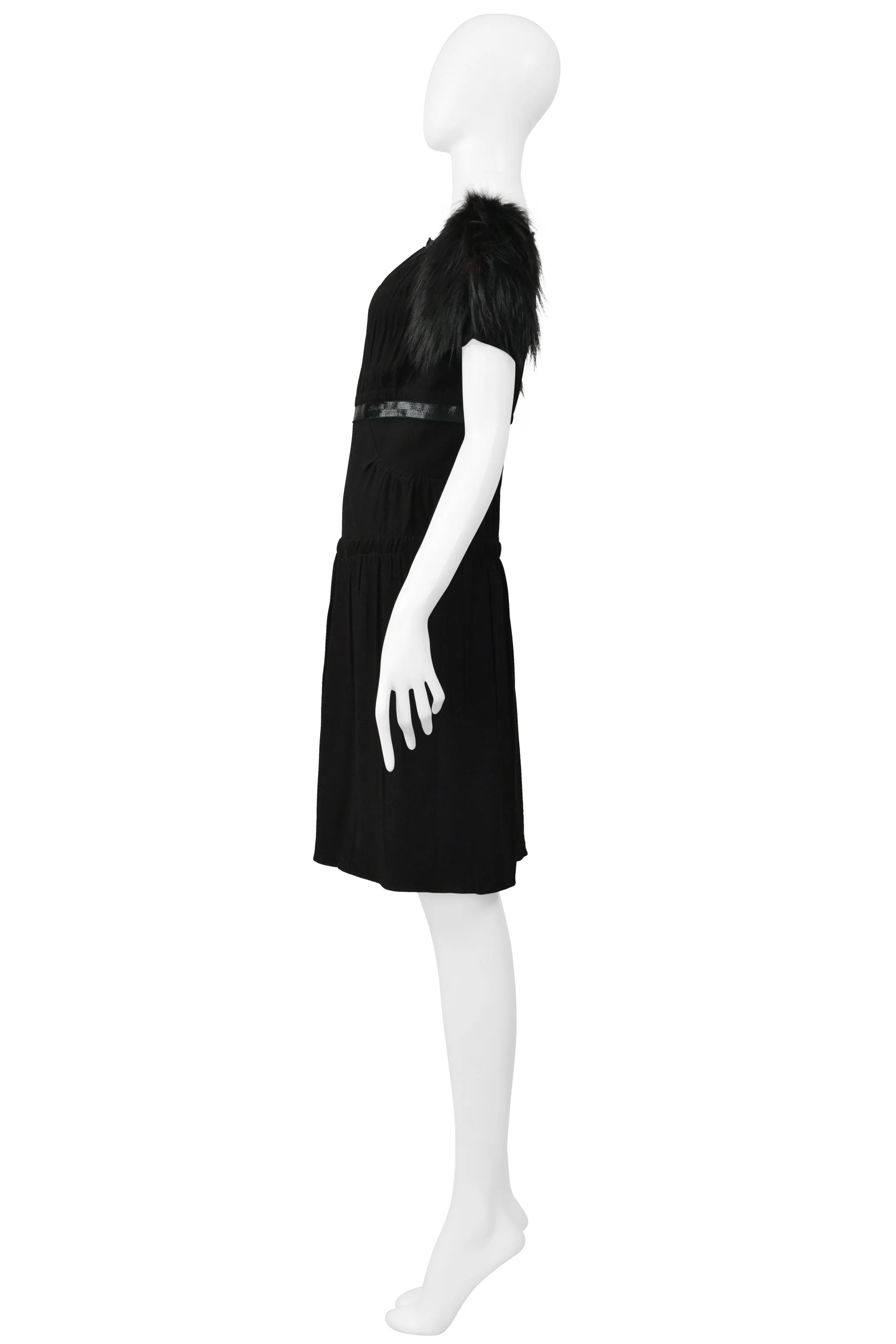 PRADA BLACK DRESS WITH LEATHER TRIM & FUR SLEEVES
