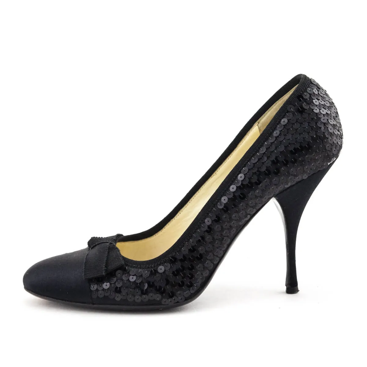 Prada Black Sequin & Satin Bow Pumps Size US 8.5 | EU 38.5