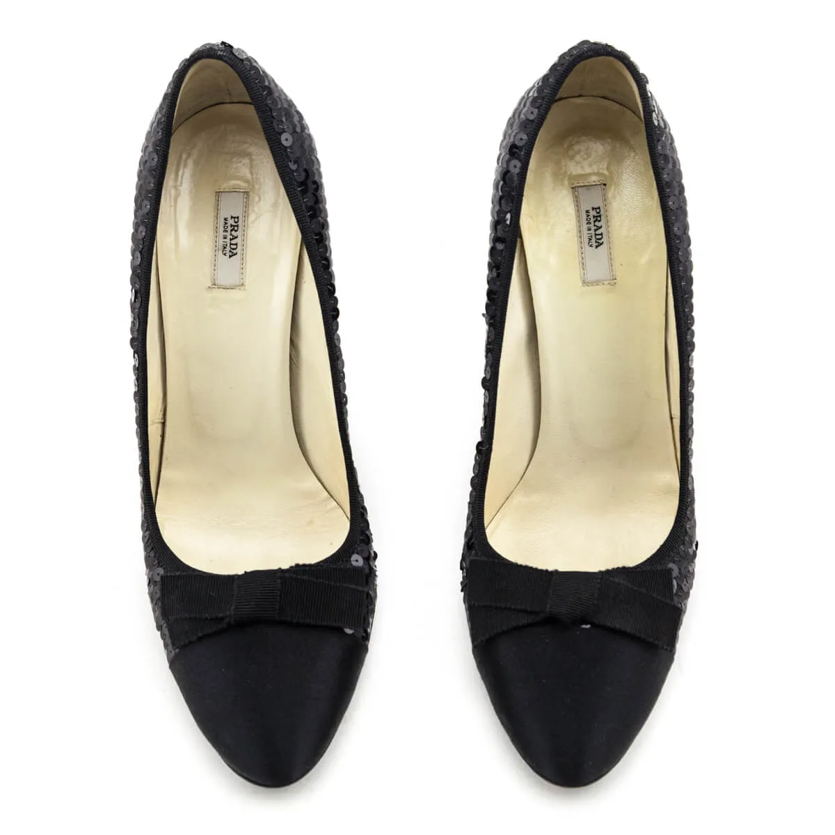 Prada Black Sequin & Satin Bow Pumps Size US 8.5 | EU 38.5
