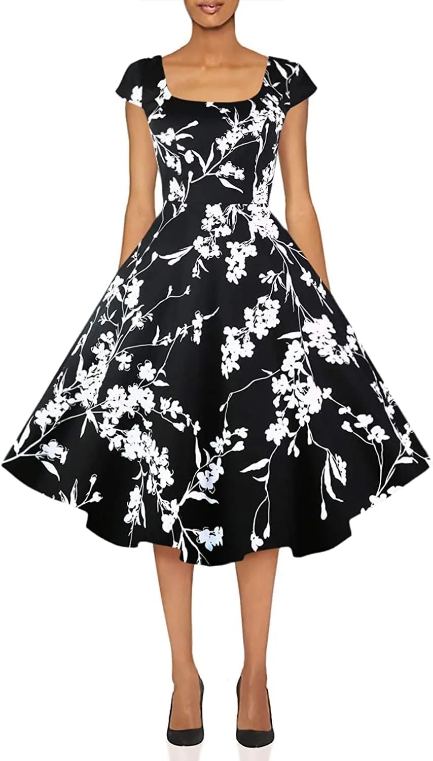 PUKAVT Women's Cocktail Party Dress Cap Sleeve 1950 Retro Swing Dress with Pockets
