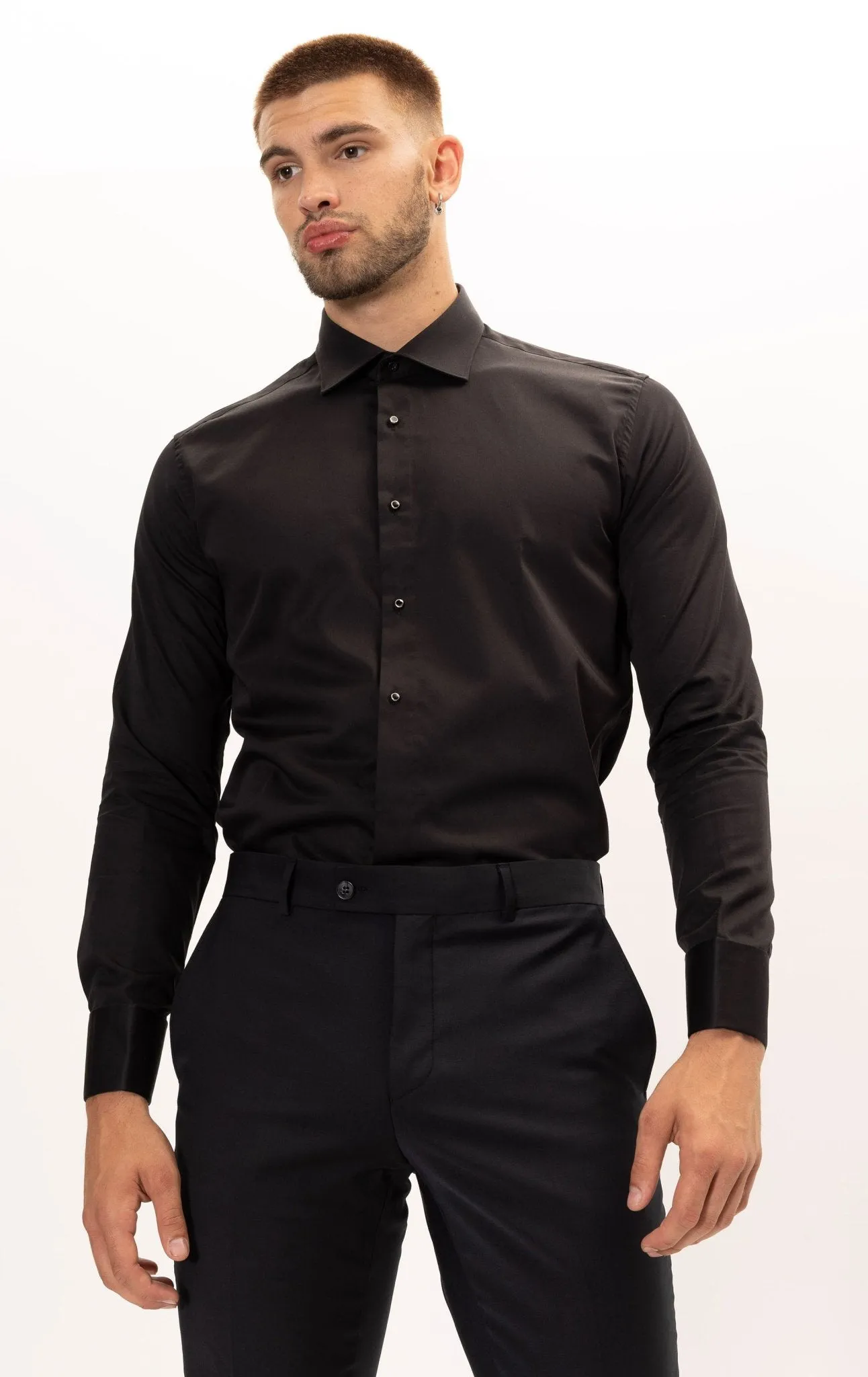 Pure Cotton Classic Collar Stud Button French Cuff Tuxedo Shirt - Jet Black