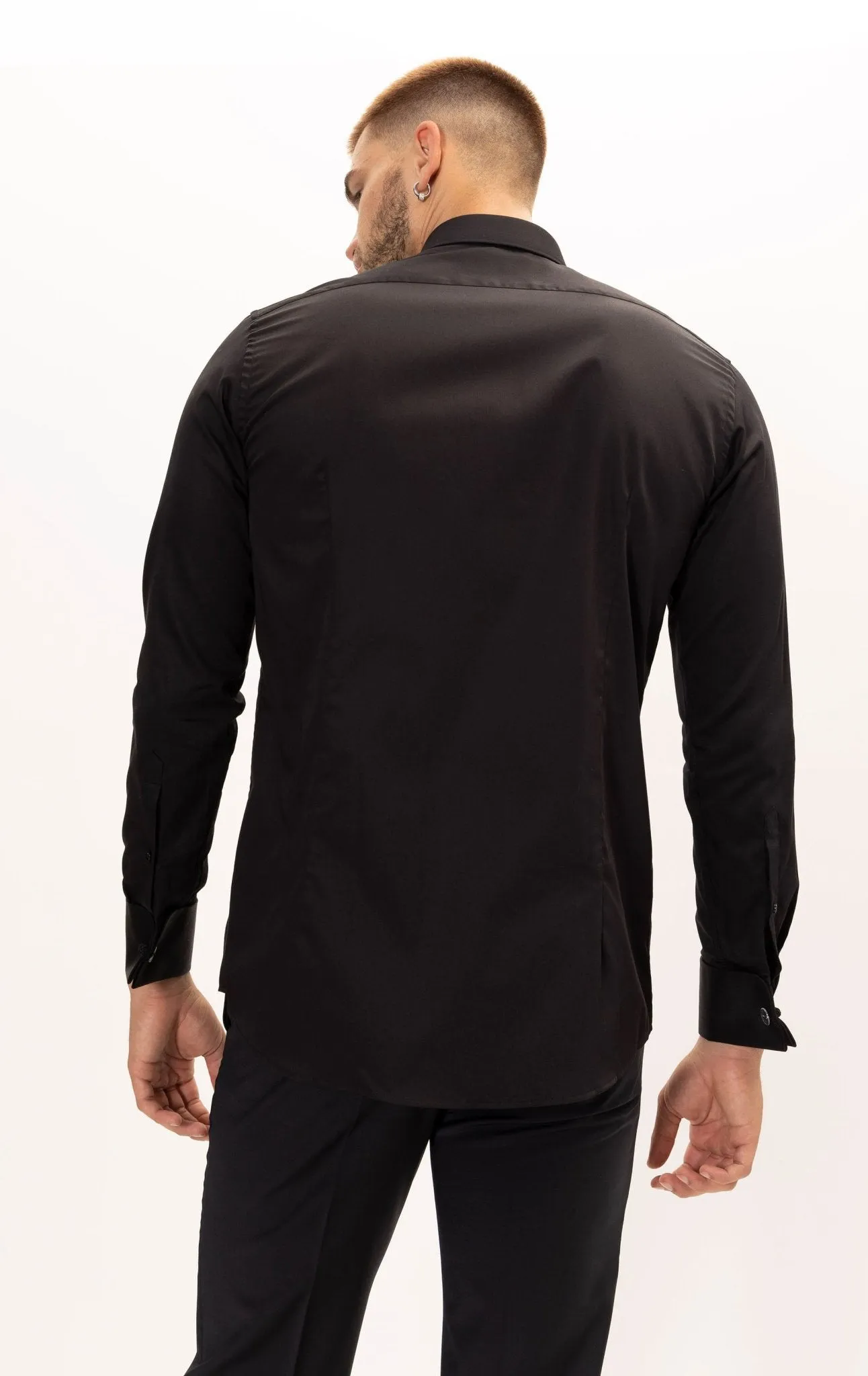 Pure Cotton Classic Collar Stud Button French Cuff Tuxedo Shirt - Jet Black