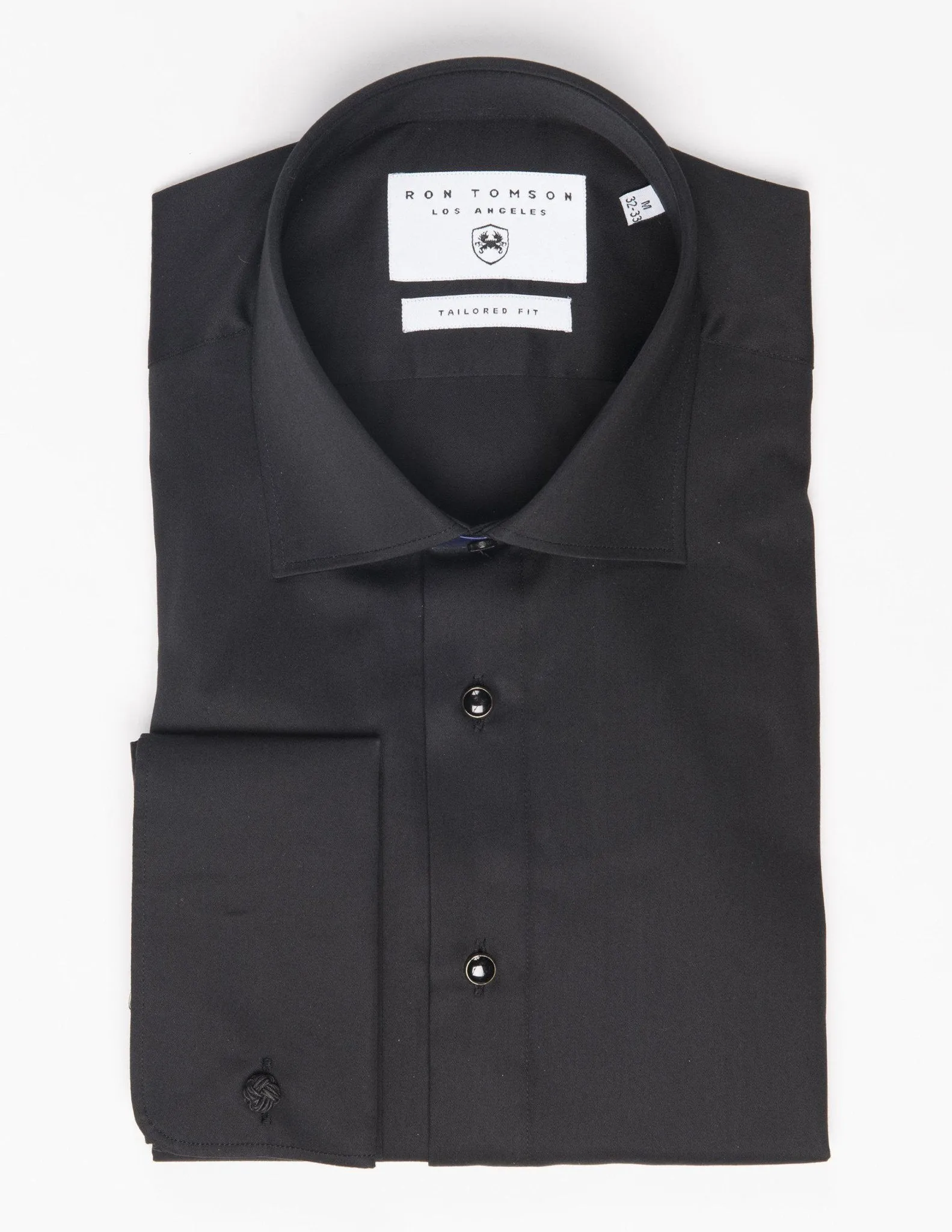 Pure Cotton Classic Collar Stud Button French Cuff Tuxedo Shirt - Jet Black