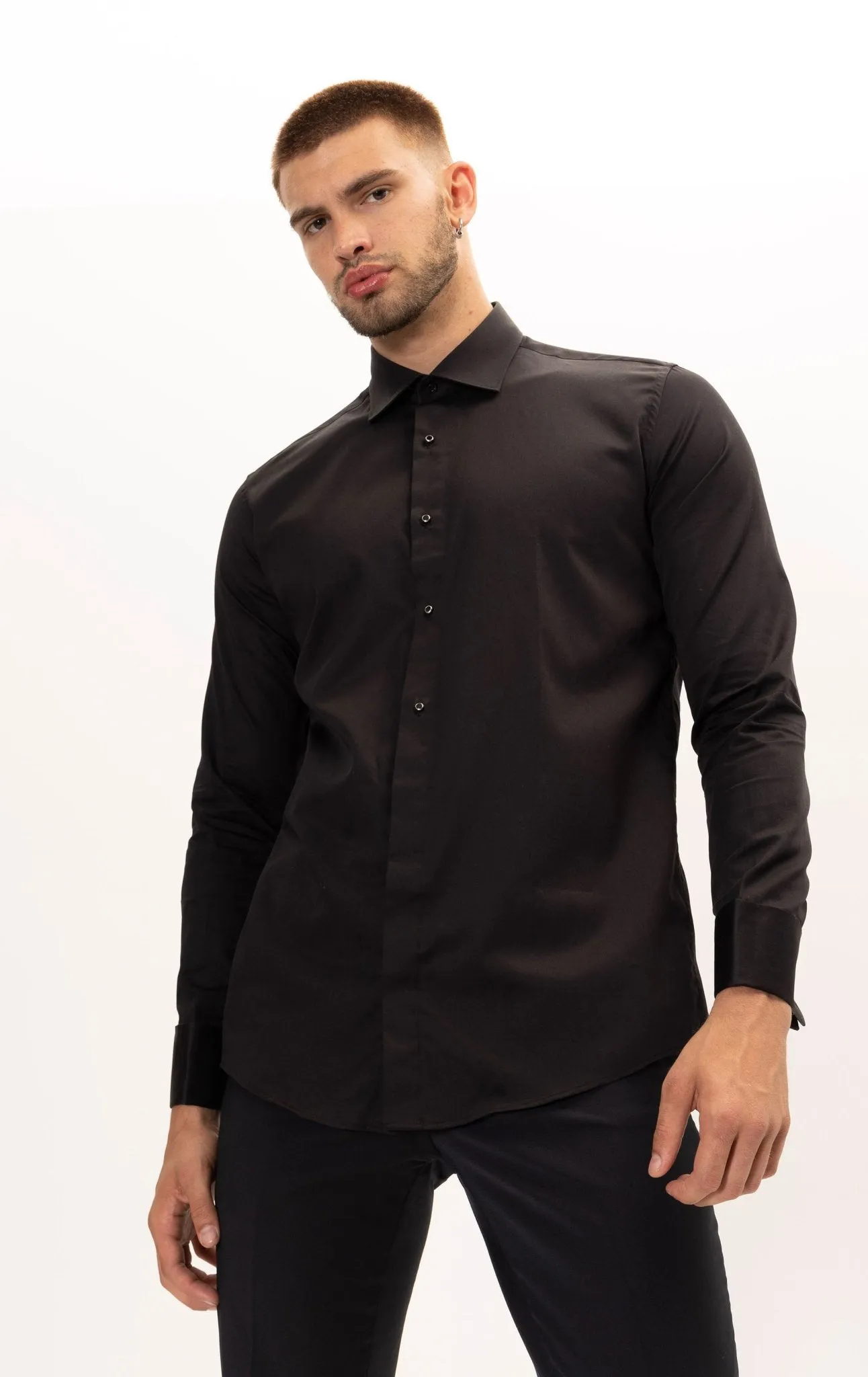 Pure Cotton Classic Collar Stud Button French Cuff Tuxedo Shirt - Jet Black