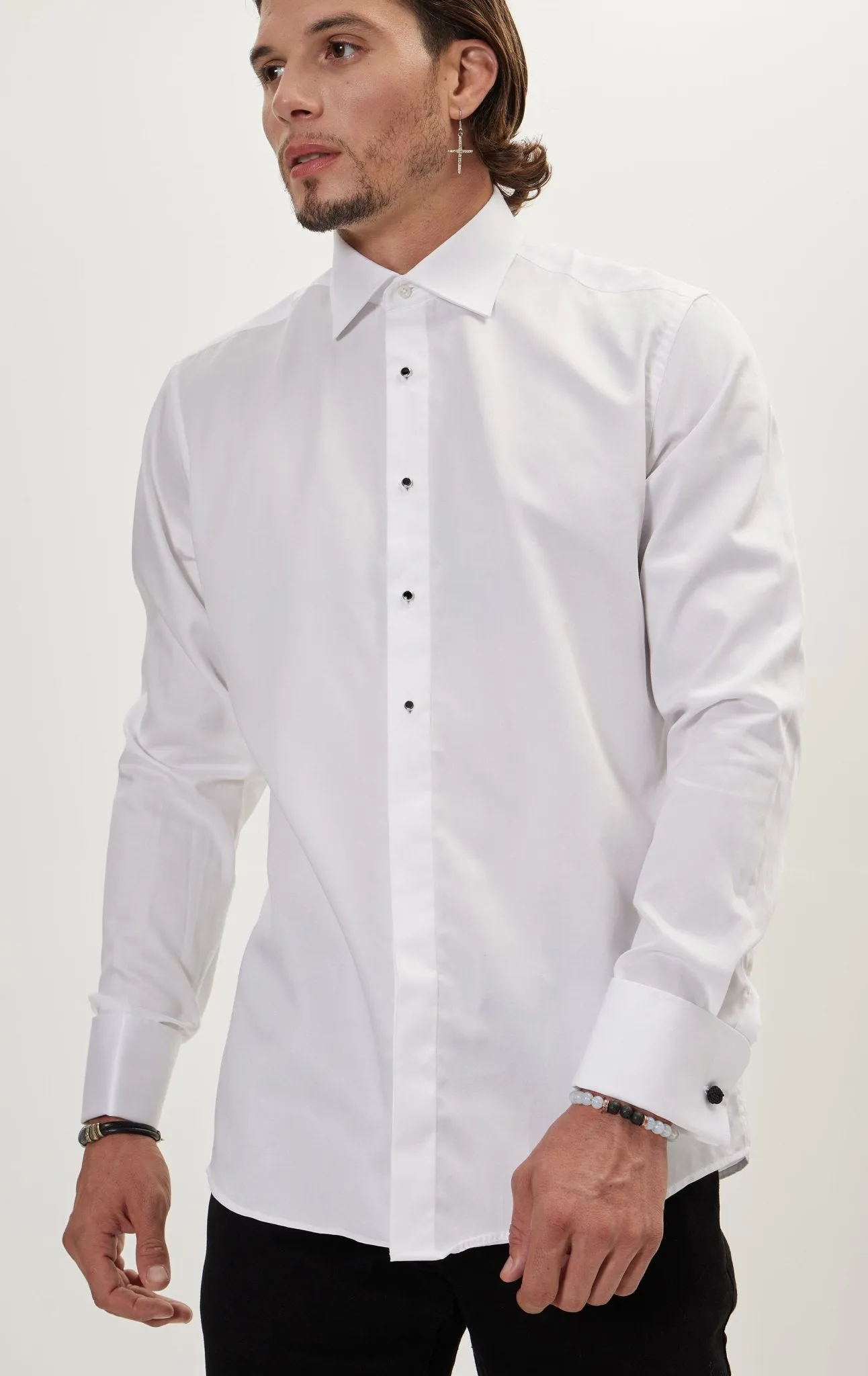 Pure Cotton Classic Collar Stud Button French Cuff Tuxedo Shirt - Optic White