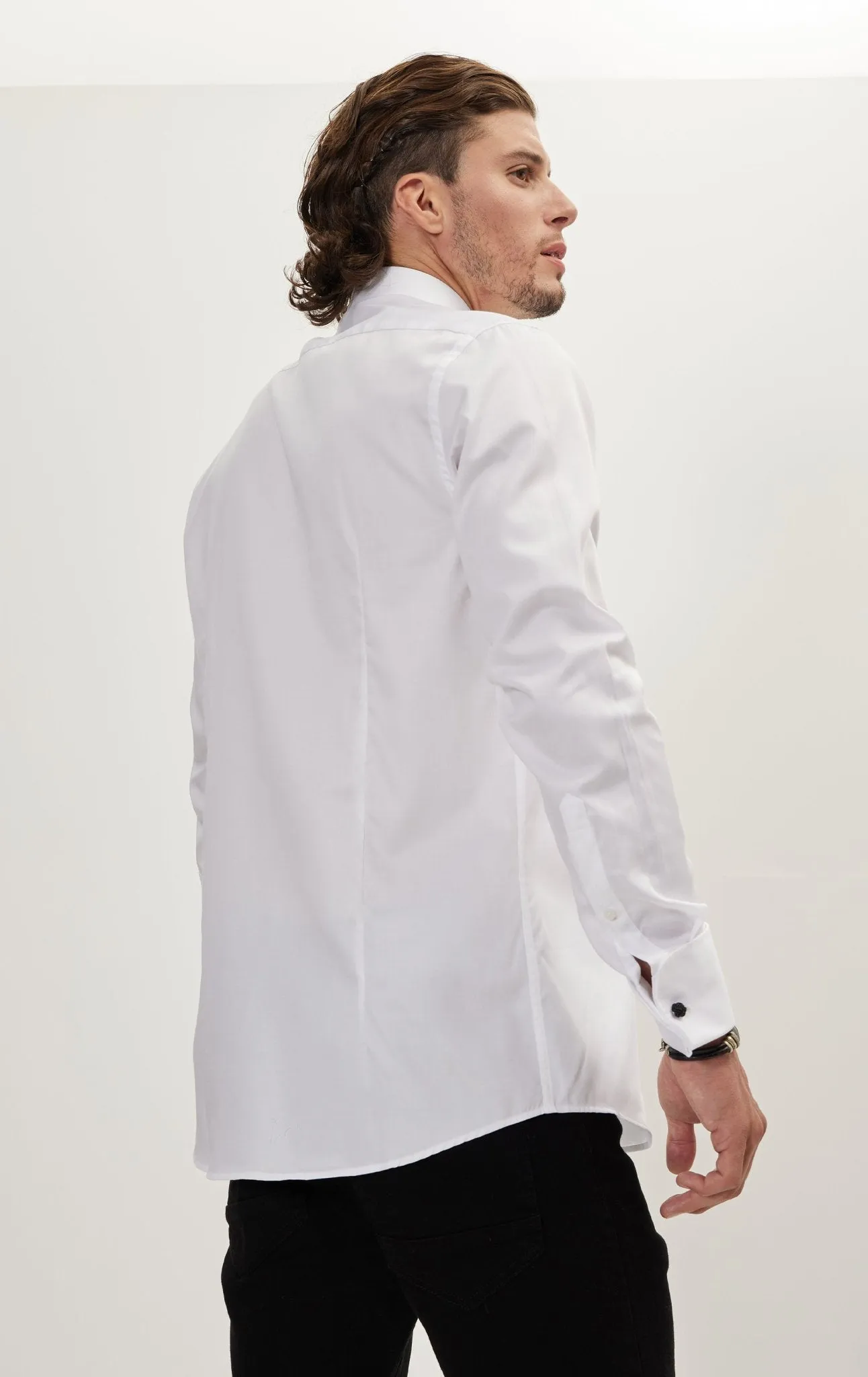 Pure Cotton Classic Collar Stud Button French Cuff Tuxedo Shirt - Optic White