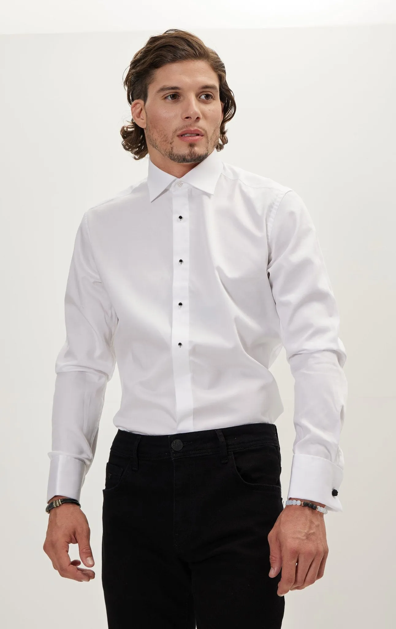 Pure Cotton Classic Collar Stud Button French Cuff Tuxedo Shirt - Optic White
