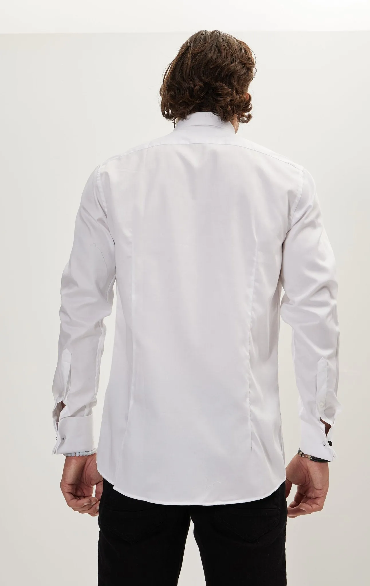 Pure Cotton Classic Collar Stud Button French Cuff Tuxedo Shirt - Optic White