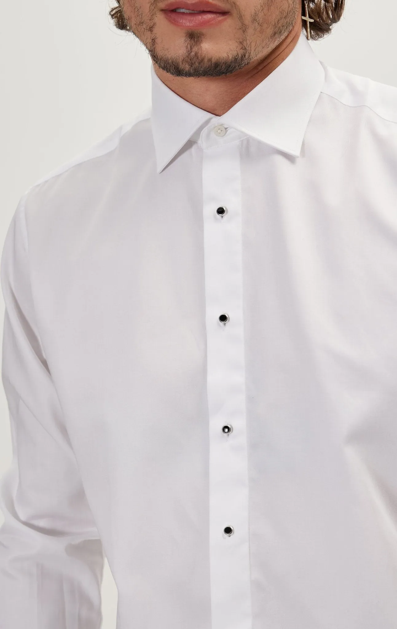 Pure Cotton Classic Collar Stud Button French Cuff Tuxedo Shirt - Optic White