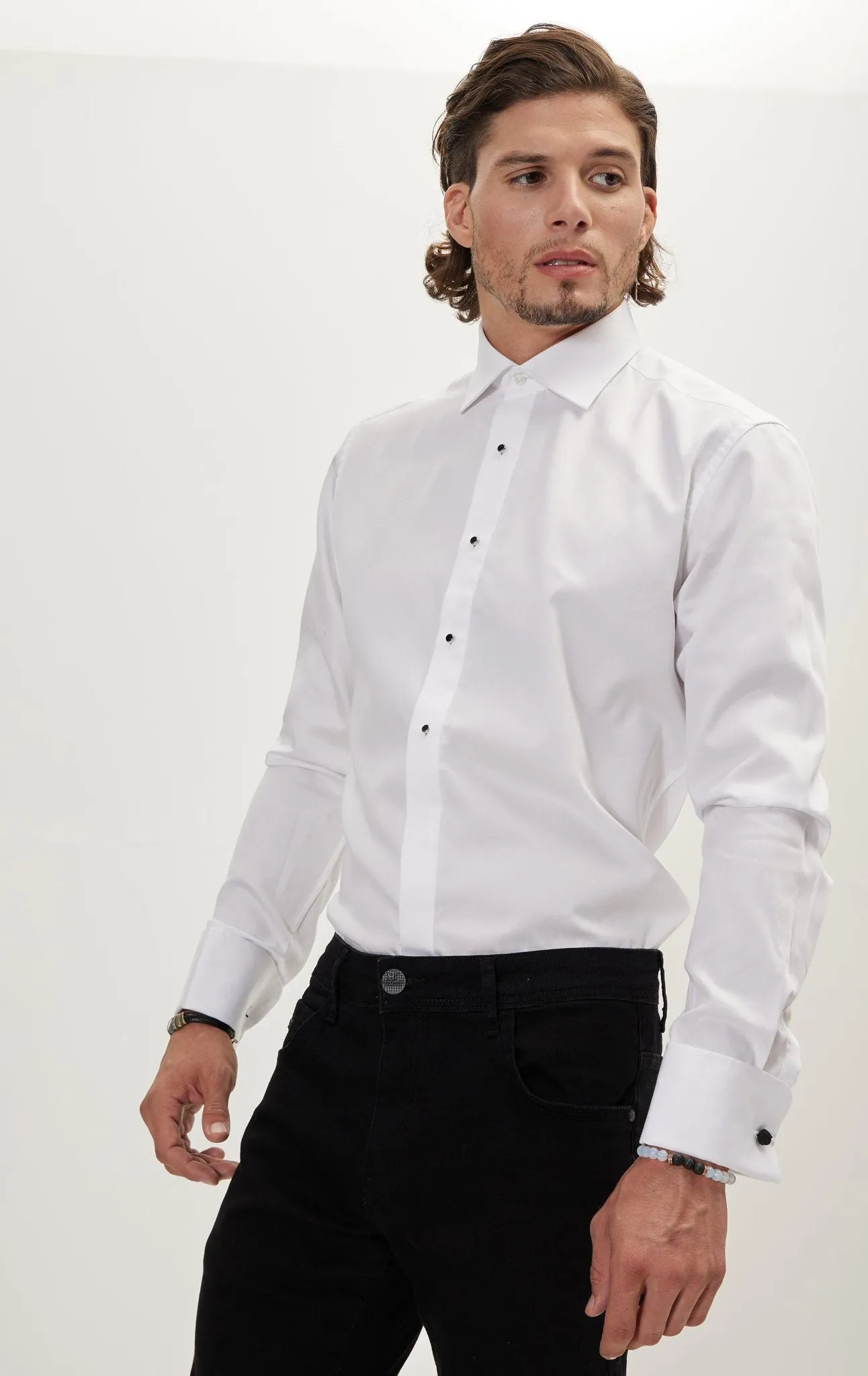 Pure Cotton Classic Collar Stud Button French Cuff Tuxedo Shirt - Optic White