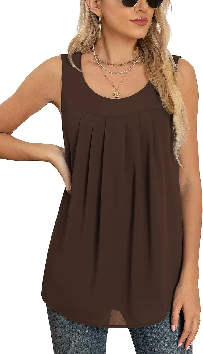 QUEZHU Women's Summer Blouses and Tops 2025 Double Layers Chiffon Blouses Tank Loose Fit Round Neck Sleeveless Tunic